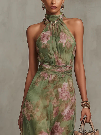 Women's Floral Elegant Maxi Wedding Guest Dress with High Neck
