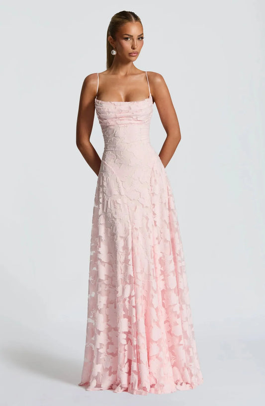 Women's Floral Elegant Maxi Wedding Guest Dress with Open Back