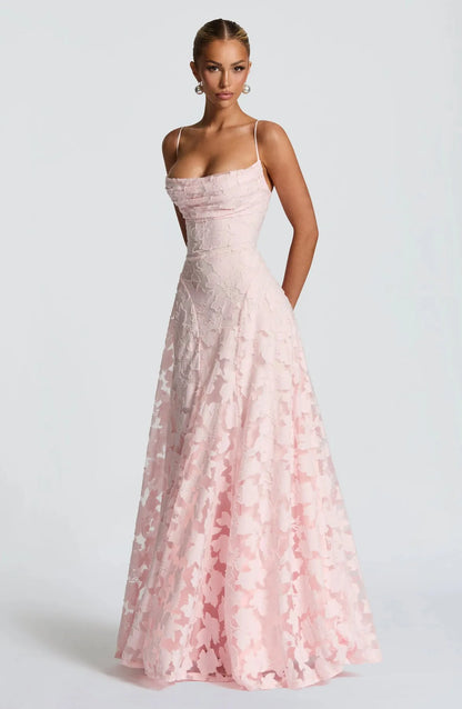 Women's Floral Elegant Maxi Wedding Guest Dress with Open Back