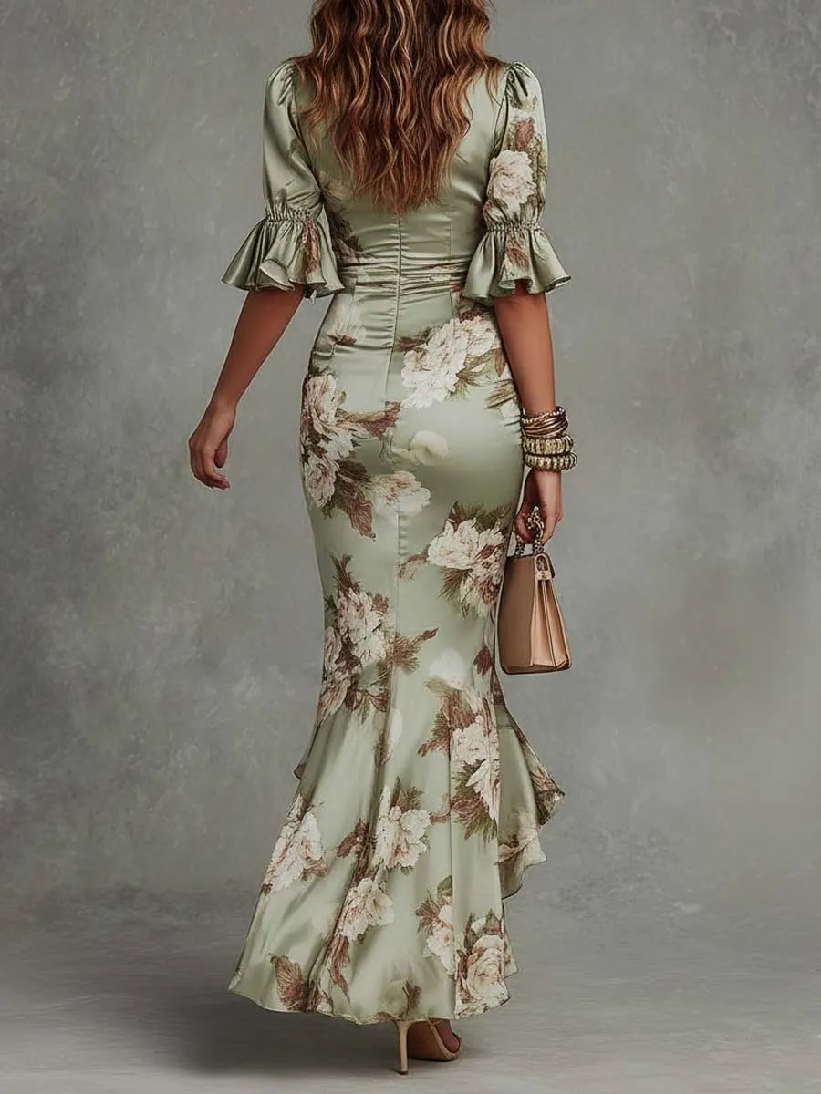 Women's Floral Elegant Maxi Wedding Guest Dress with Ruched Detail