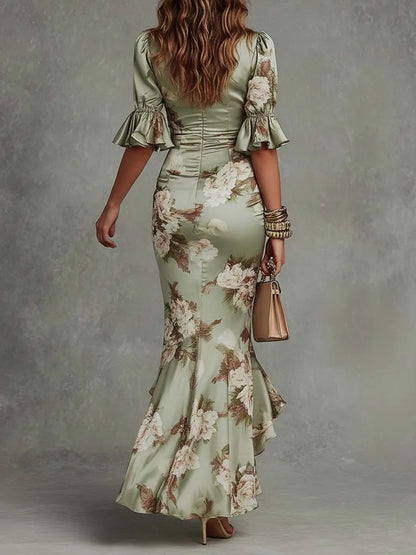Women's Floral Elegant Maxi Wedding Guest Dress with Ruched Detail