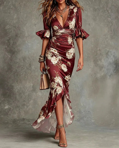 Women's Floral Elegant Maxi Wedding Guest Dress with Ruched Detail