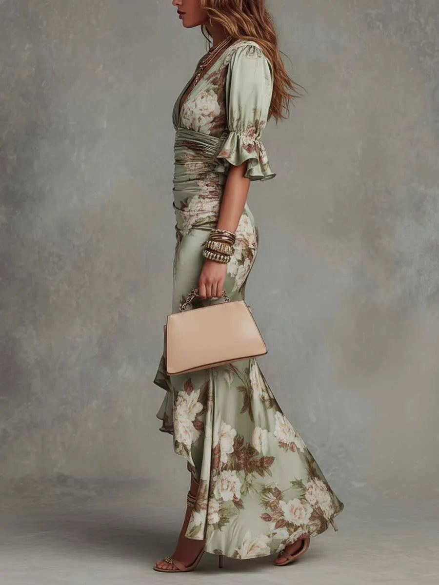 Women's Floral Elegant Maxi Wedding Guest Dress with Ruched Detail