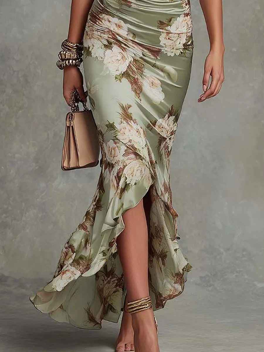 Women's Floral Elegant Maxi Wedding Guest Dress with Ruched Detail