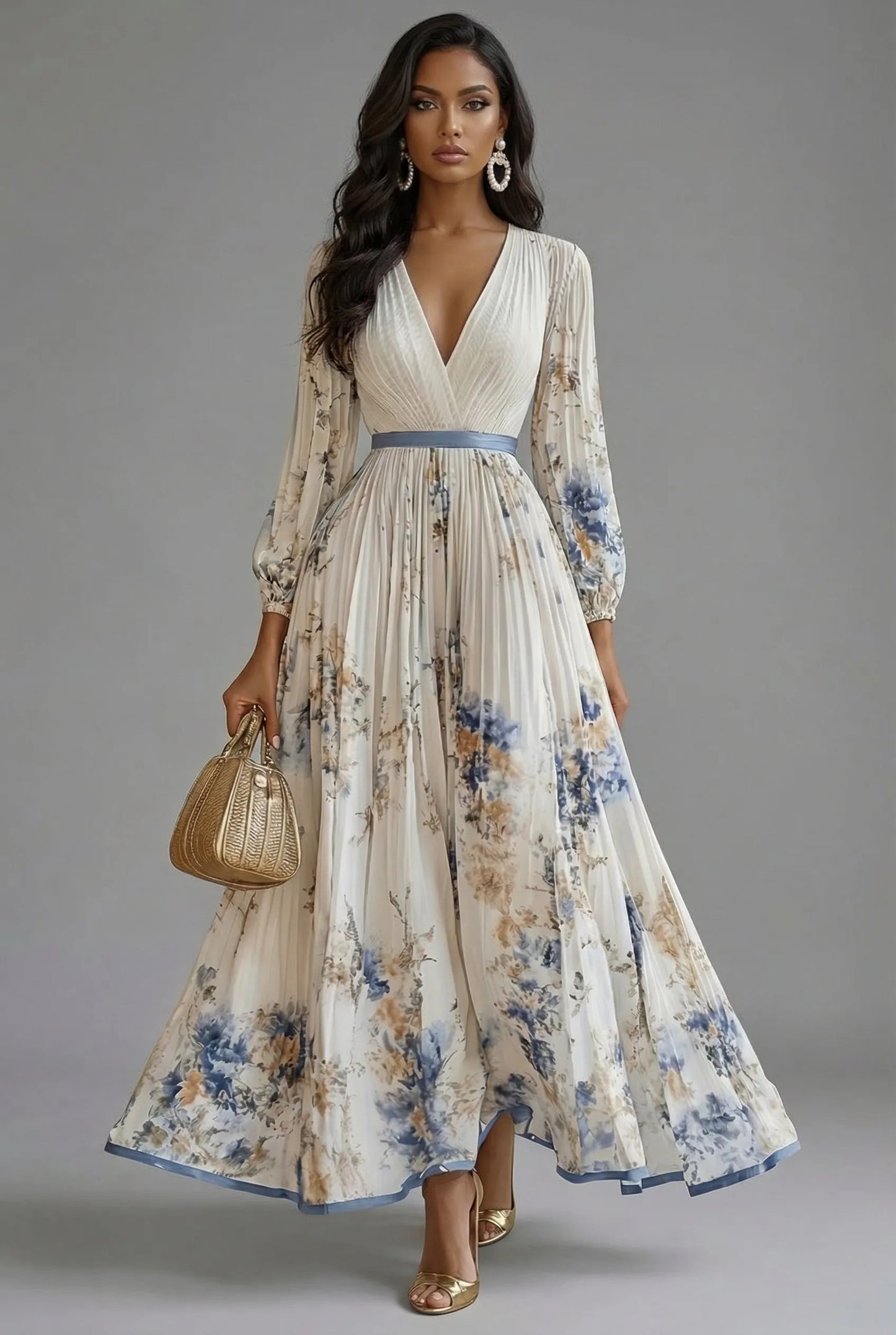 Women's Floral Elegant Maxi Wedding Guest Dress with V-Neck
