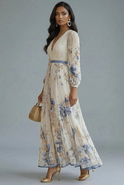 Women's Floral Elegant Maxi Wedding Guest Dress with V-Neck