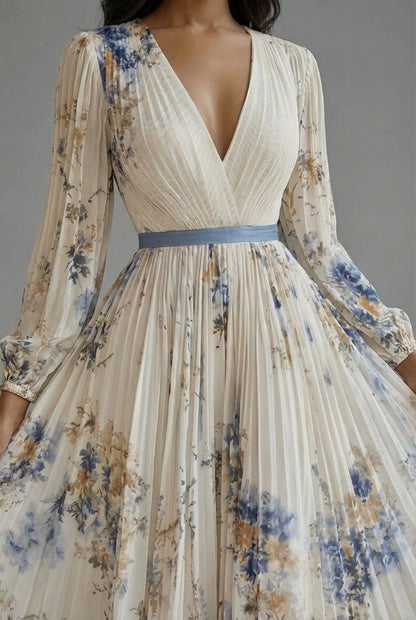 Women's Floral Elegant Maxi Wedding Guest Dress with V-Neck