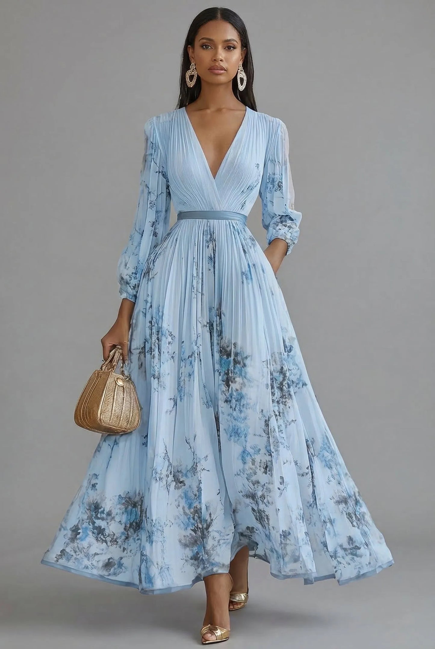 Women's Floral Elegant Maxi Wedding Guest Dress with V-Neck