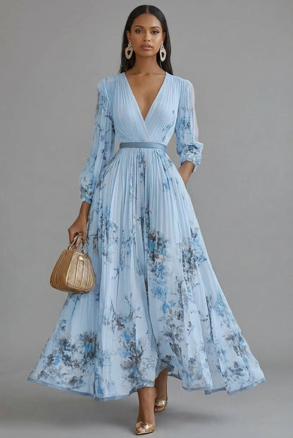 Women's Floral Elegant Maxi Wedding Guest Dress with V-Neck