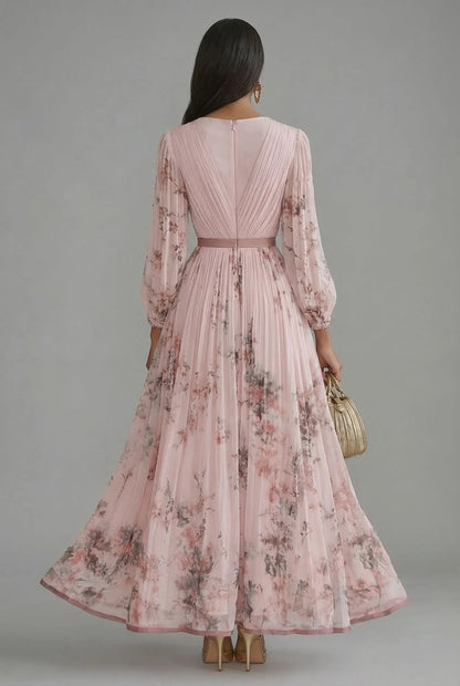 Women's Floral Elegant Maxi Wedding Guest Dress with V-Neck