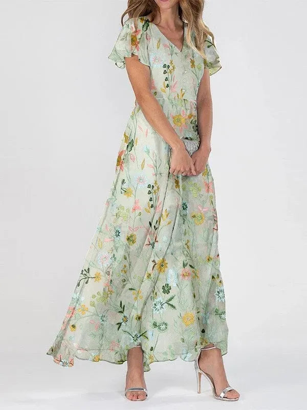 Women's Floral Flowy Maxi Wedding Guest Dress with Flutter Sleeve