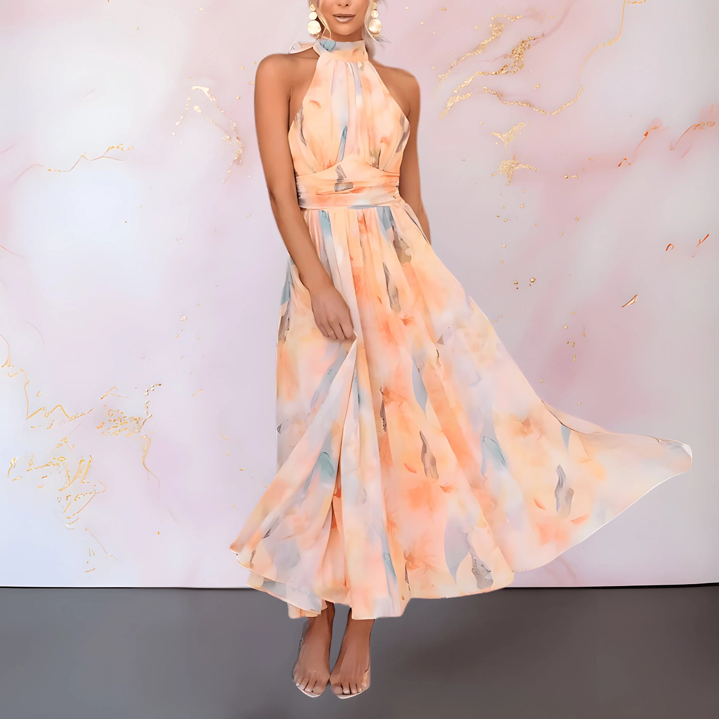 Women's Floral Flowy Maxi Wedding Guest Dress with High Neck