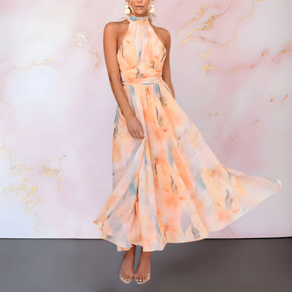 Women's Floral Flowy Maxi Wedding Guest Dress with High Neck