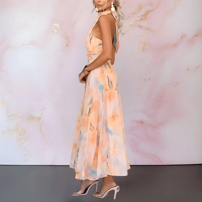 Women's Floral Flowy Maxi Wedding Guest Dress with High Neck