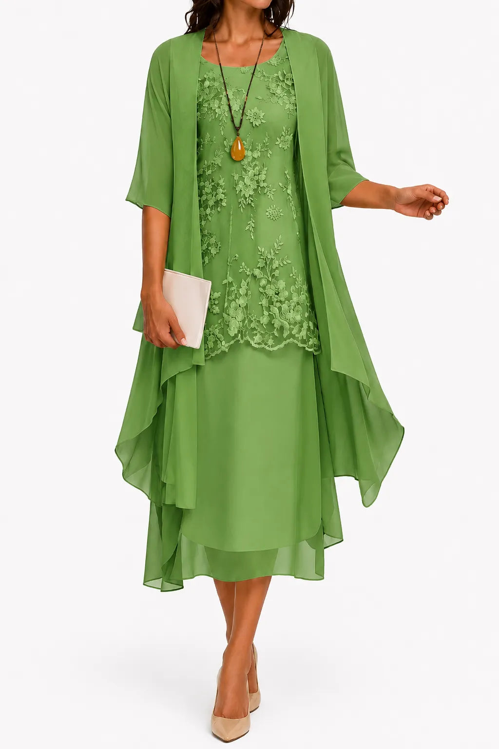 Women’s Floral Flowy Midi Wedding Guest Dress with Round Neckline