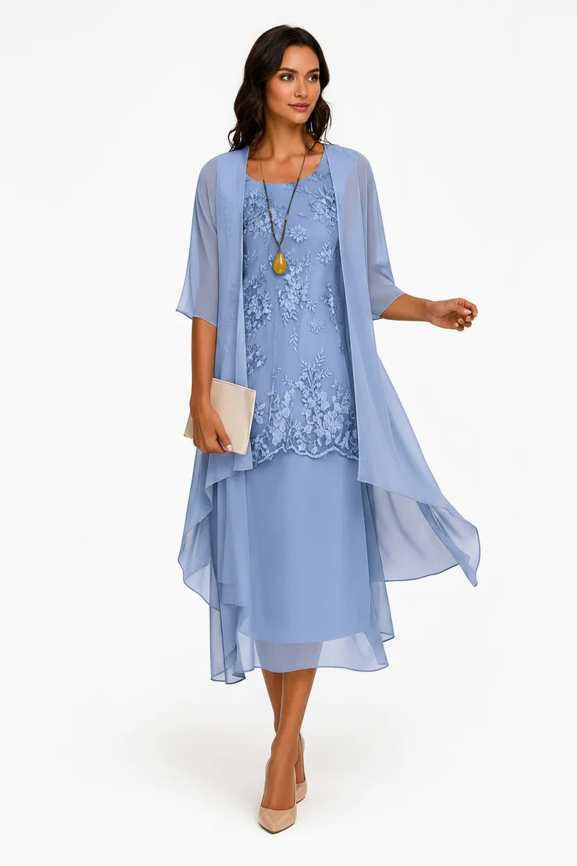 Women’s Floral Flowy Midi Wedding Guest Dress with Round Neckline