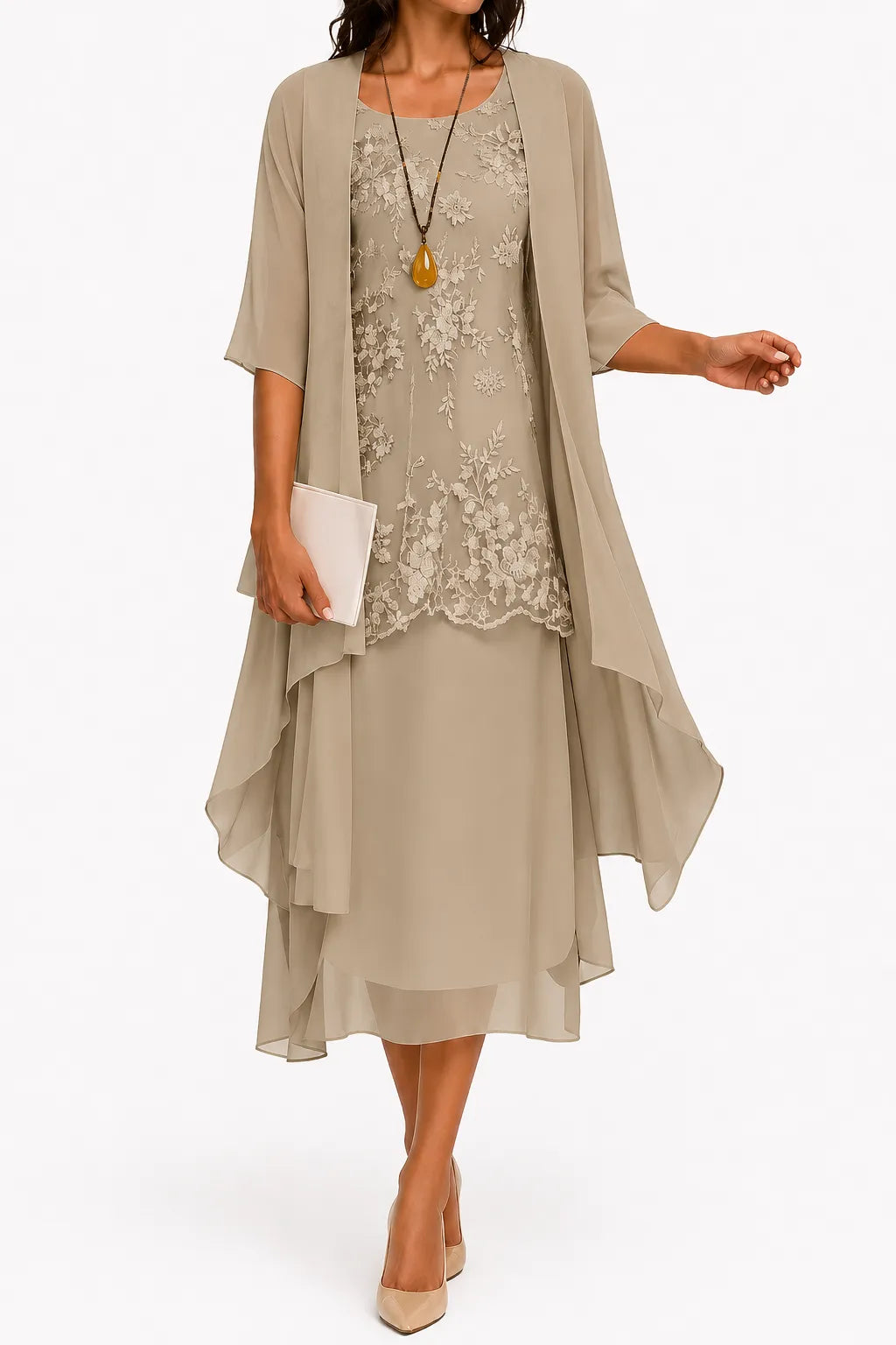 Women’s Floral Flowy Midi Wedding Guest Dress with Round Neckline