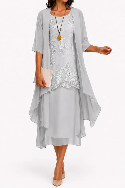 Women’s Floral Flowy Midi Wedding Guest Dress with Round Neckline