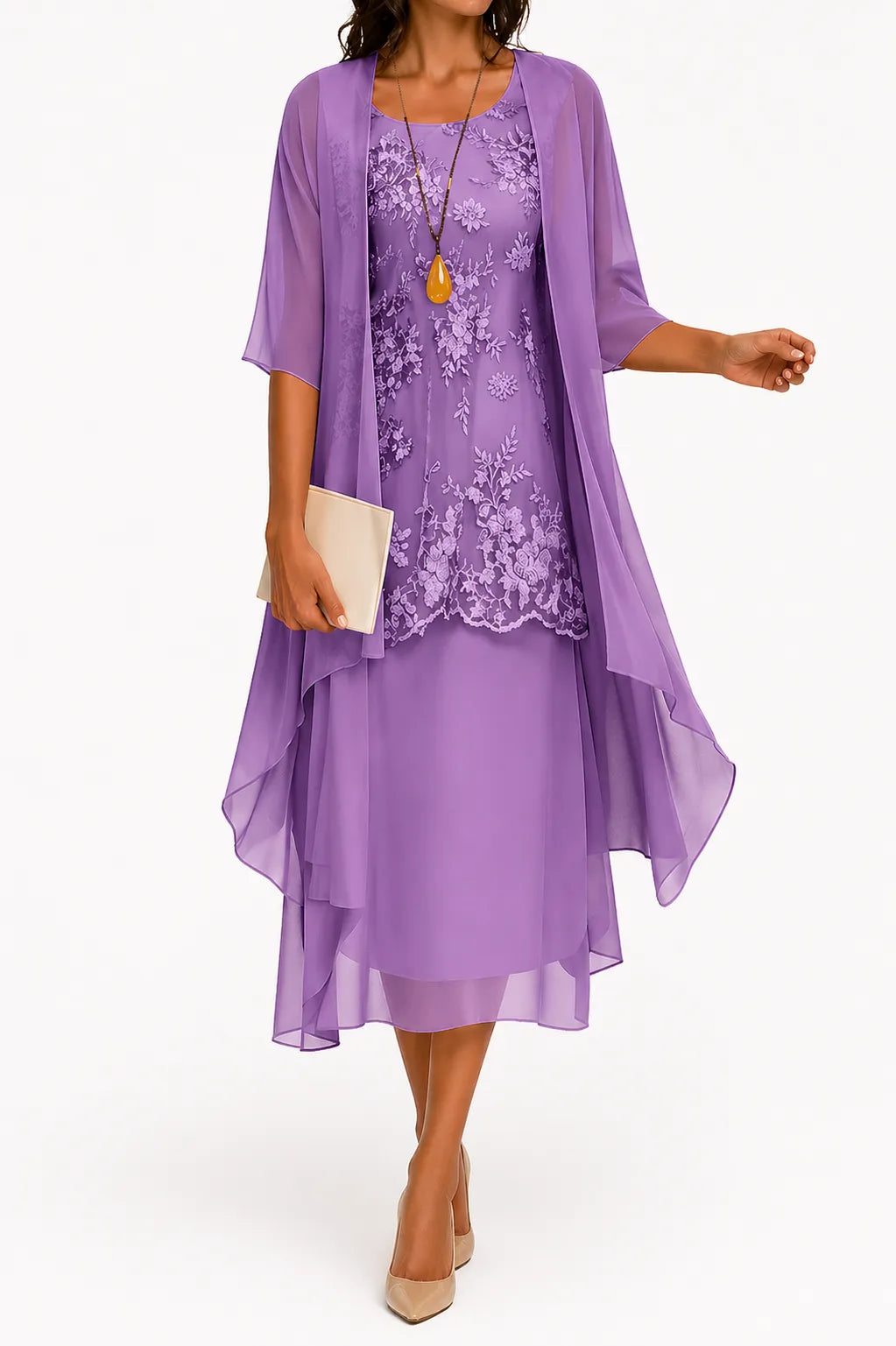 Women’s Floral Flowy Midi Wedding Guest Dress with Round Neckline