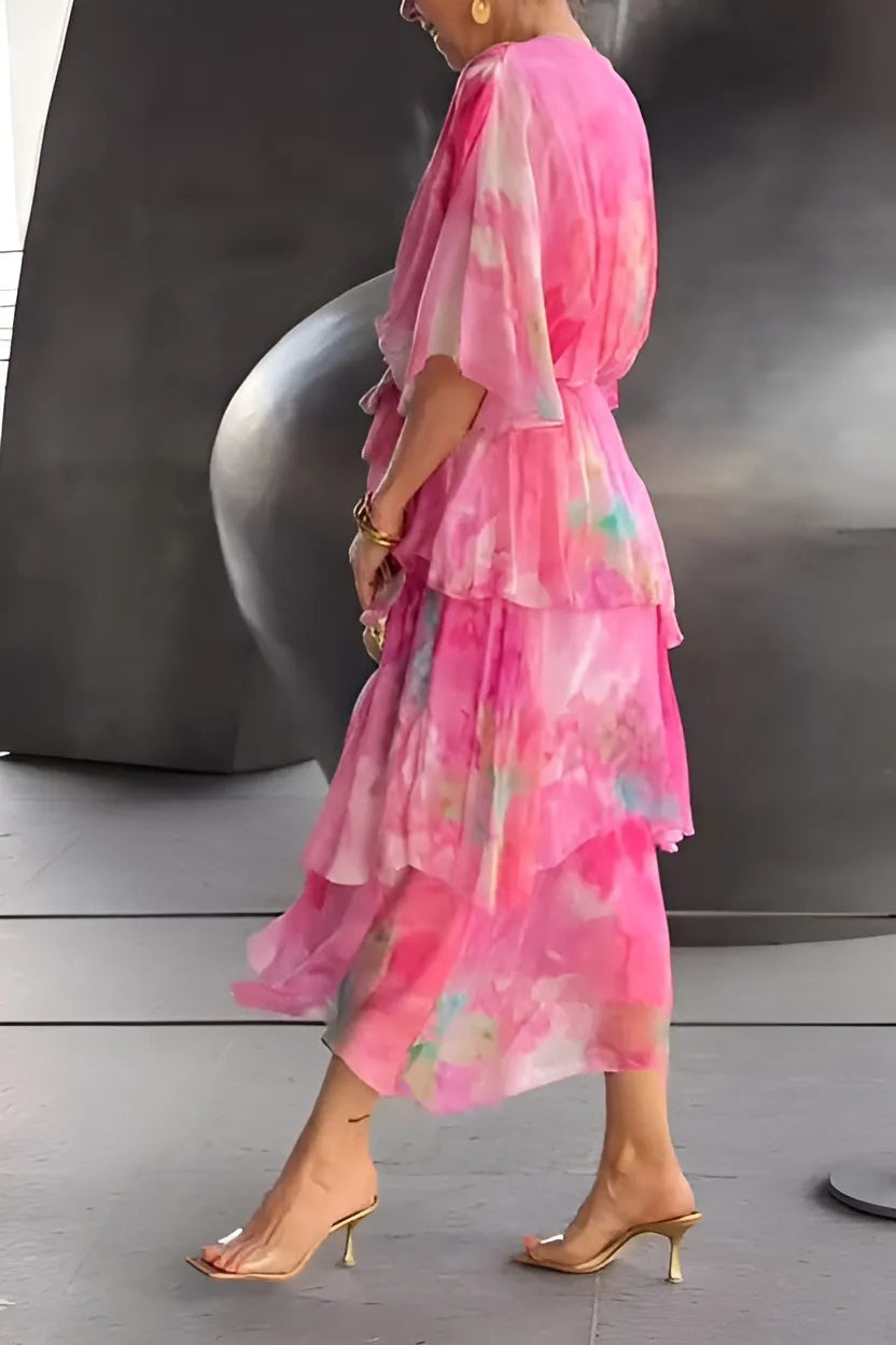 Women's Floral Flowy Midi Wedding Guest Dress with V-Neck