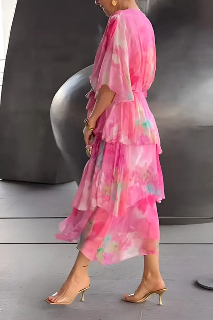 Women's Floral Flowy Midi Wedding Guest Dress with V-Neck