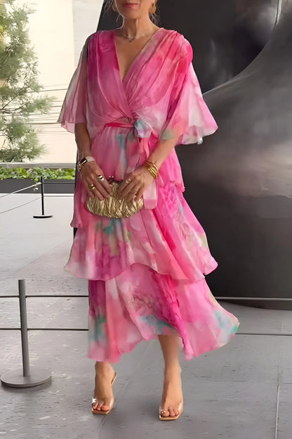 Women's Floral Flowy Midi Wedding Guest Dress with V-Neck