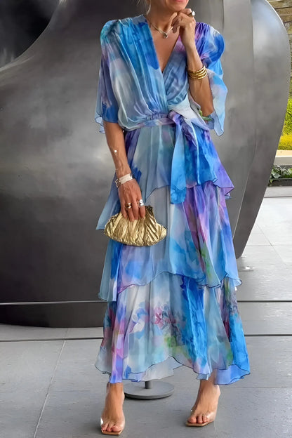 Women's Floral Flowy Midi Wedding Guest Dress with V-Neck