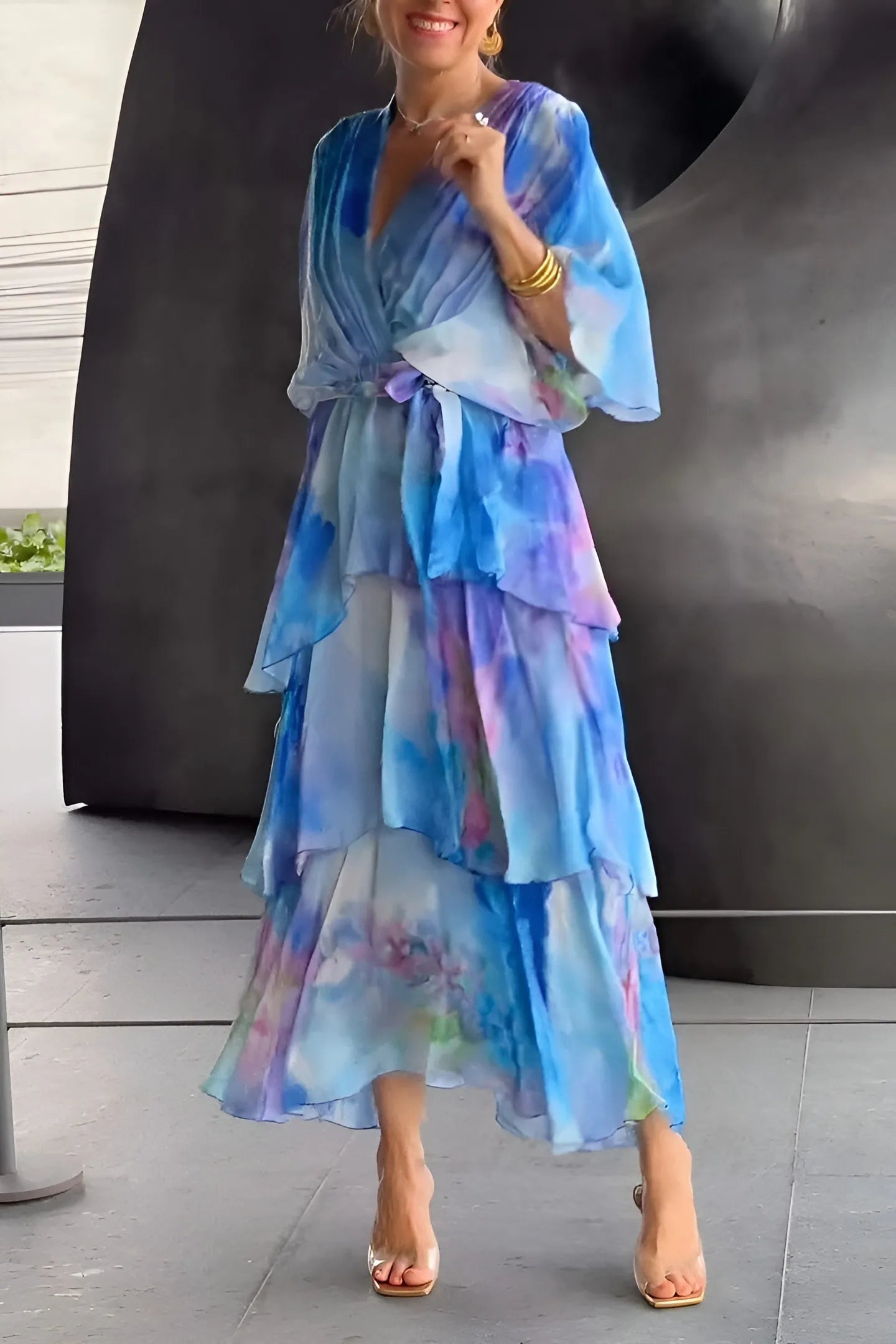 Women's Floral Flowy Midi Wedding Guest Dress with V-Neck