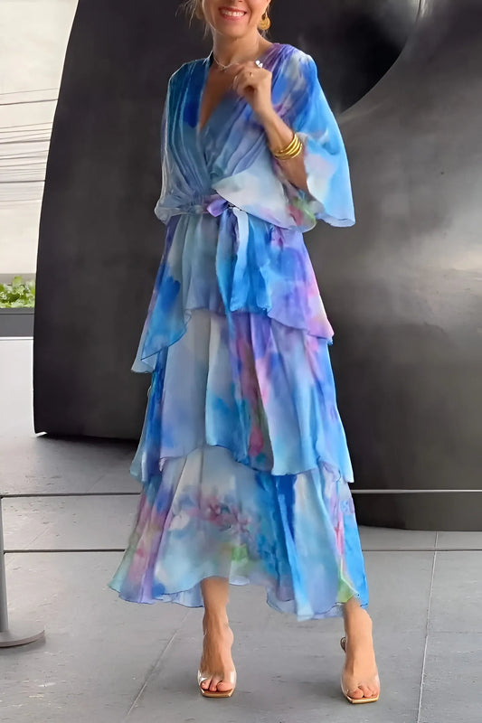Women's Floral Flowy Midi Wedding Guest Dress with V-Neck