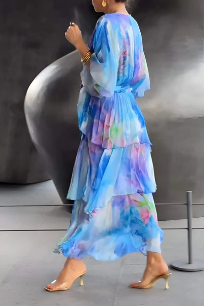 Women's Floral Flowy Midi Wedding Guest Dress with V-Neck