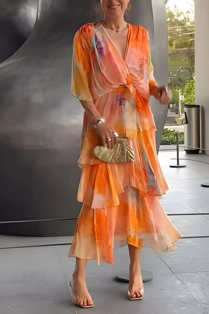 Women's Floral Flowy Midi Wedding Guest Dress with V-Neck