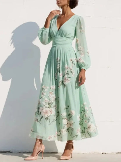 Women's Floral Long Sleeve Maxi Wedding Guest Dress with V-Neck