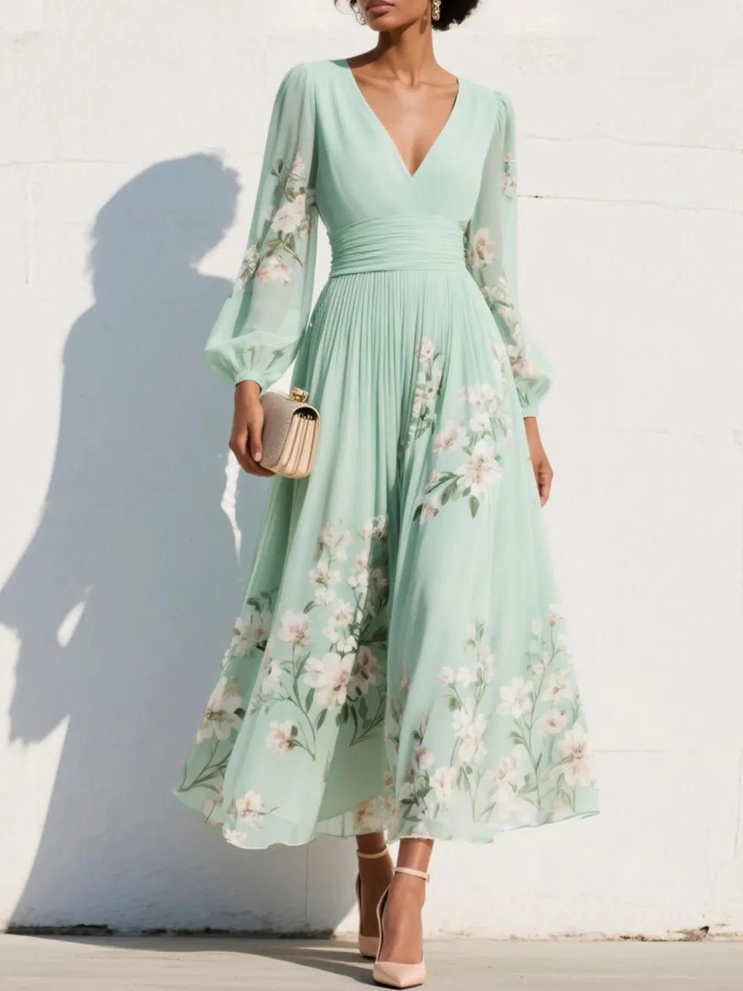 Women's Floral Long Sleeve Maxi Wedding Guest Dress with V-Neck