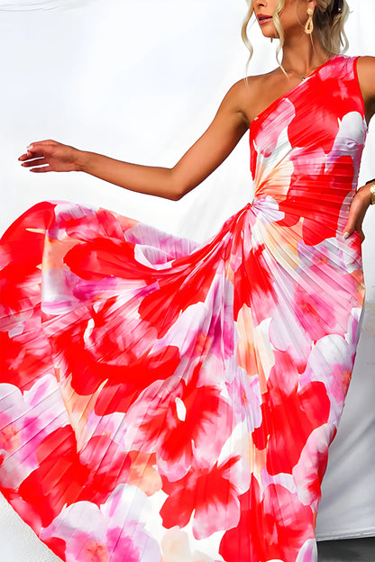 Women's Floral Pleated Maxi Wedding Guest Dresses with Asymmetric Hem