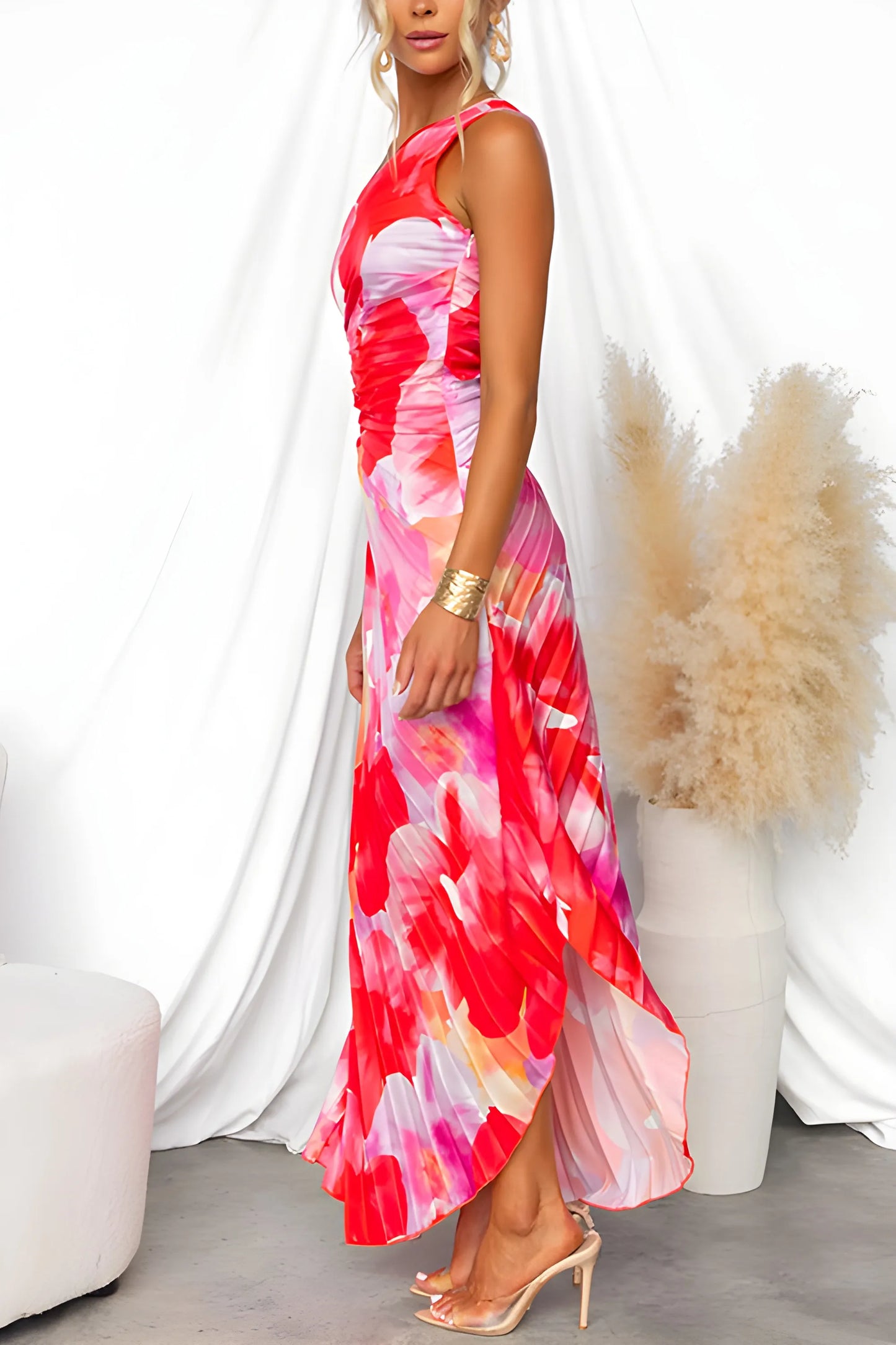 Women's Floral Pleated Maxi Wedding Guest Dresses with Asymmetric Hem