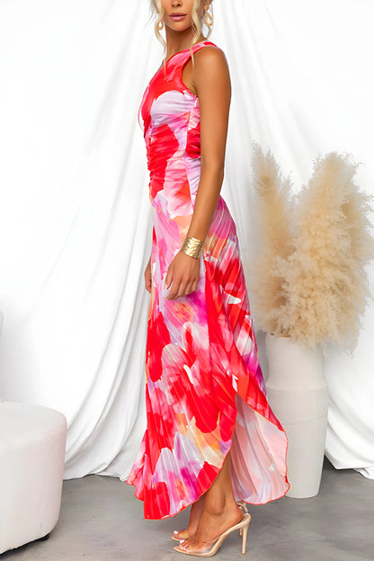 Women's Floral Pleated Maxi Wedding Guest Dresses with Asymmetric Hem