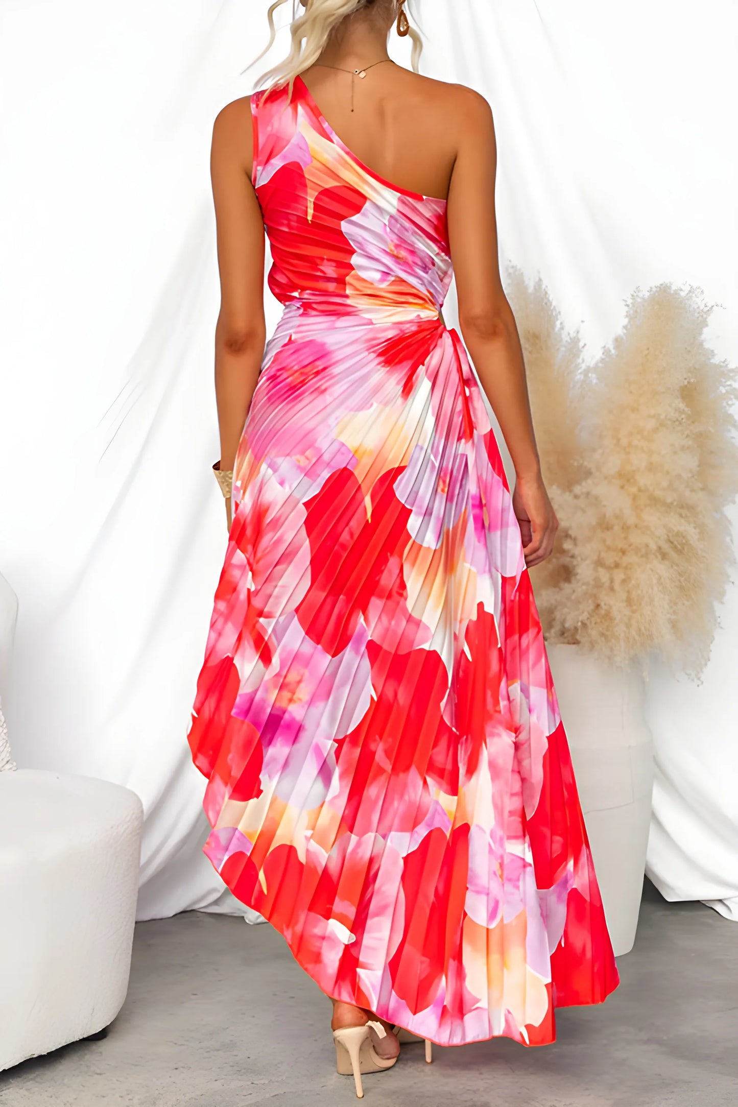 Women's Floral Pleated Maxi Wedding Guest Dresses with Asymmetric Hem