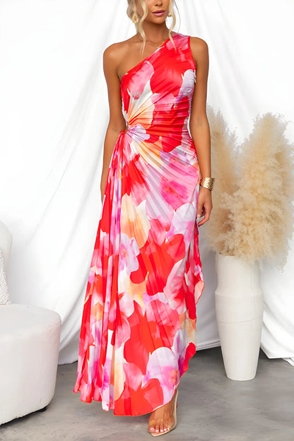 Women's Floral Pleated Maxi Wedding Guest Dresses with Asymmetric Hem