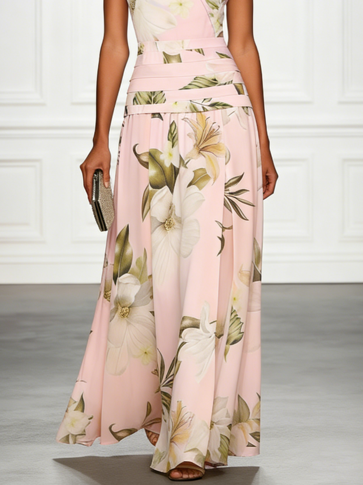 Women's Floral Pleated Maxi Wedding Guest Dress with Boat Neck