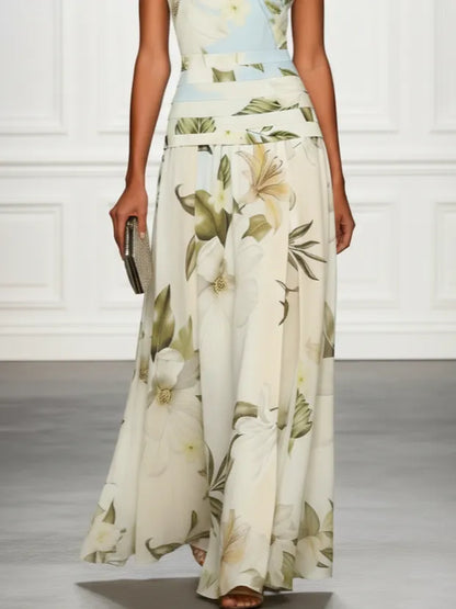 Women's Floral Pleated Maxi Wedding Guest Dress with Boat Neck
