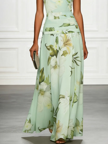 Women's Floral Pleated Maxi Wedding Guest Dress with Boat Neck