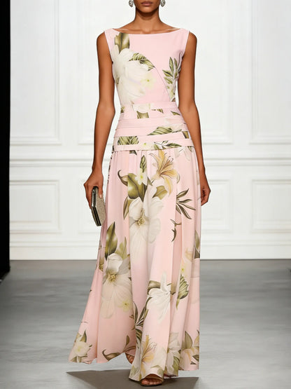 Women's Floral Pleated Maxi Wedding Guest Dress with Boat Neck