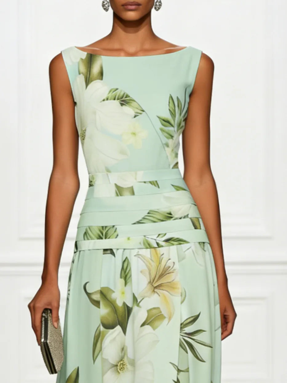Women's Floral Pleated Maxi Wedding Guest Dress with Boat Neck