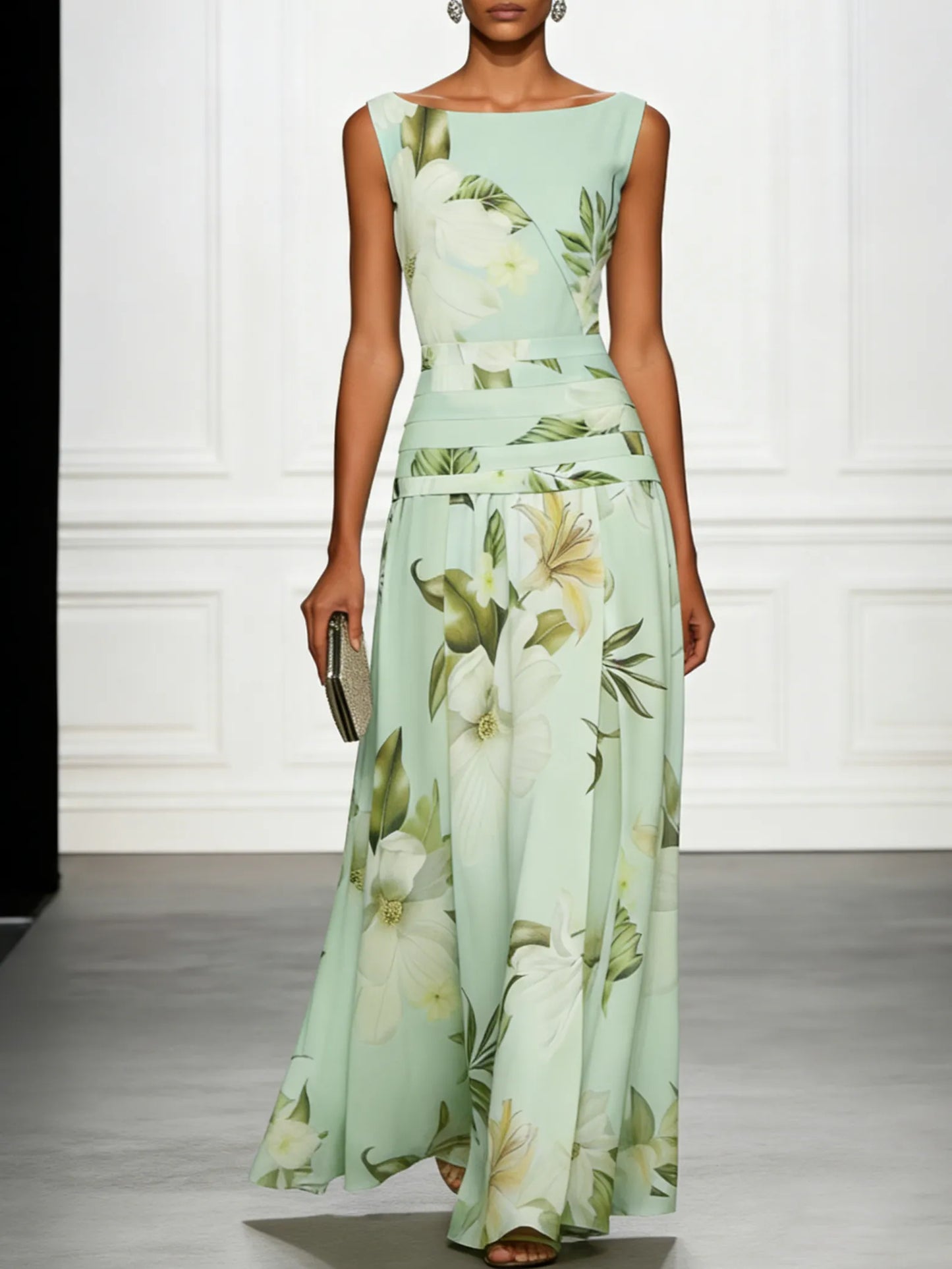 Women's Floral Pleated Maxi Wedding Guest Dress with Boat Neck