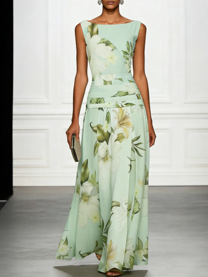 Women's Floral Pleated Maxi Wedding Guest Dress with Boat Neck