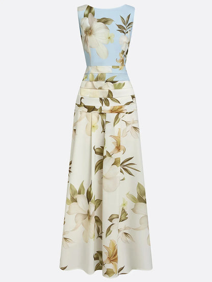 Women's Floral Pleated Maxi Wedding Guest Dress with Boat Neck