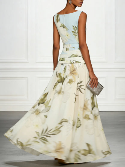 Women's Floral Pleated Maxi Wedding Guest Dress with Boat Neck