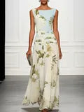 Women's Floral Pleated Maxi Wedding Guest Dress with Boat Neck