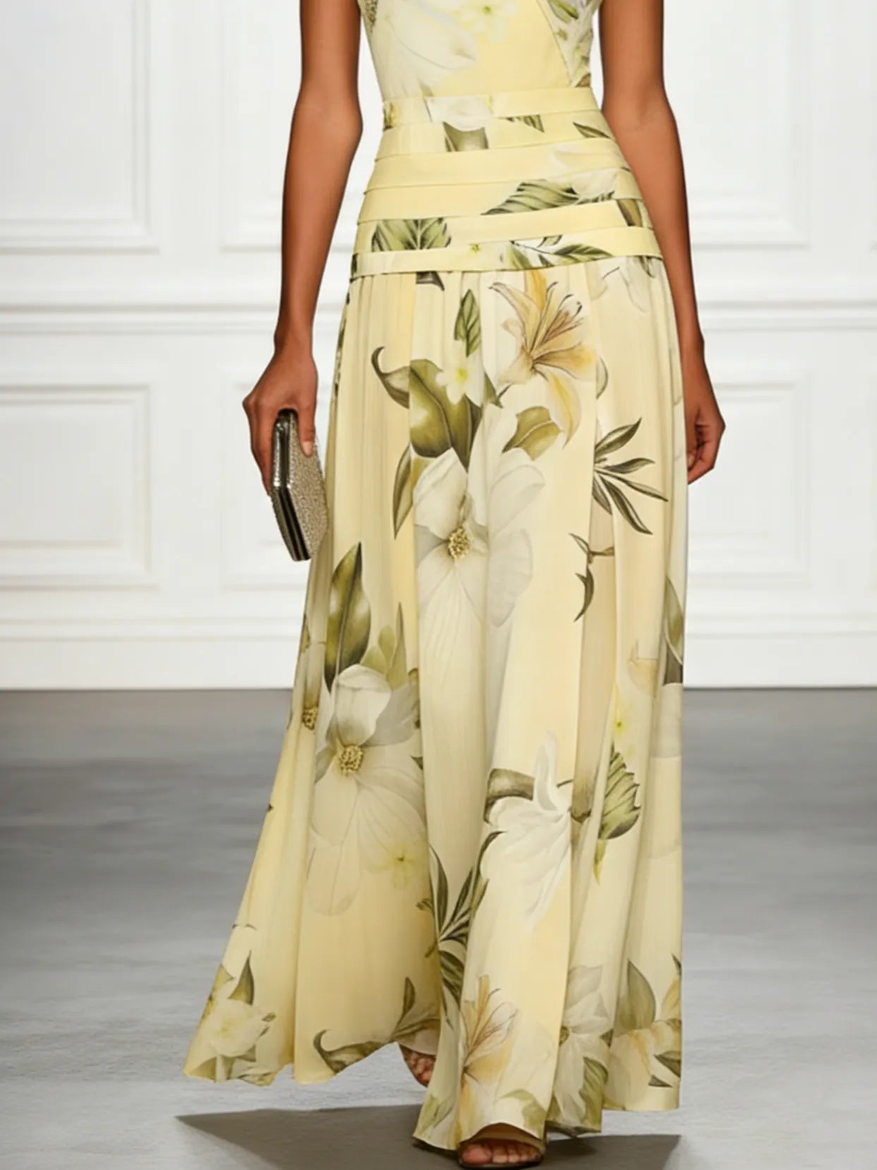 Women's Floral Pleated Maxi Wedding Guest Dress with Boat Neck