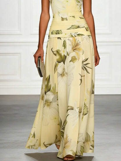 Women's Floral Pleated Maxi Wedding Guest Dress with Boat Neck
